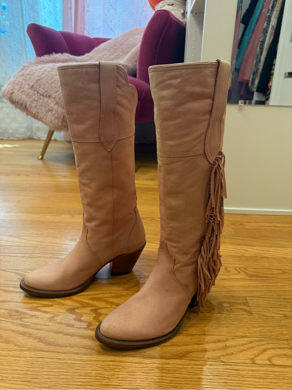 Kacey Musgraves Lucchese Blush Leather Cowboy Fringe Boots FLAWS